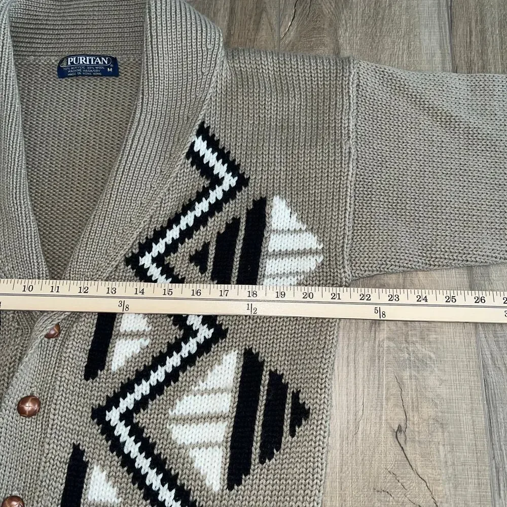 Vintage Puritan Men's Wool Blend Shawl Collar Cardigan Sweater M Aztec Western